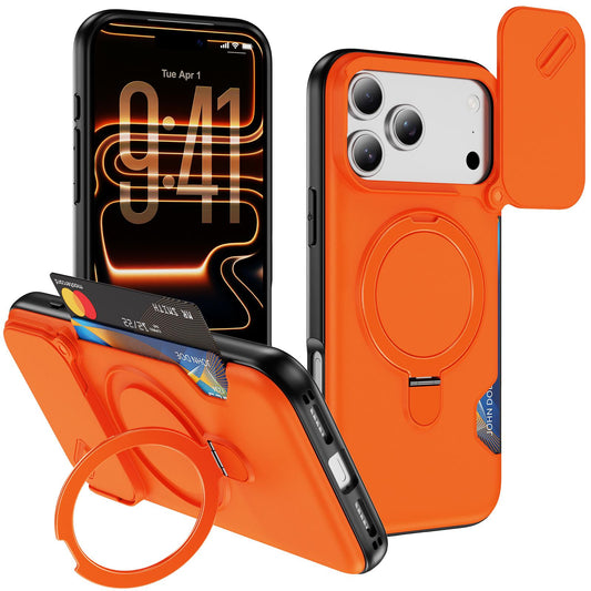 Compatible with iPhone 18 Pro Max Sliding Camshield Card Slot Magnetic Rotation Holder Phone Case - Orange