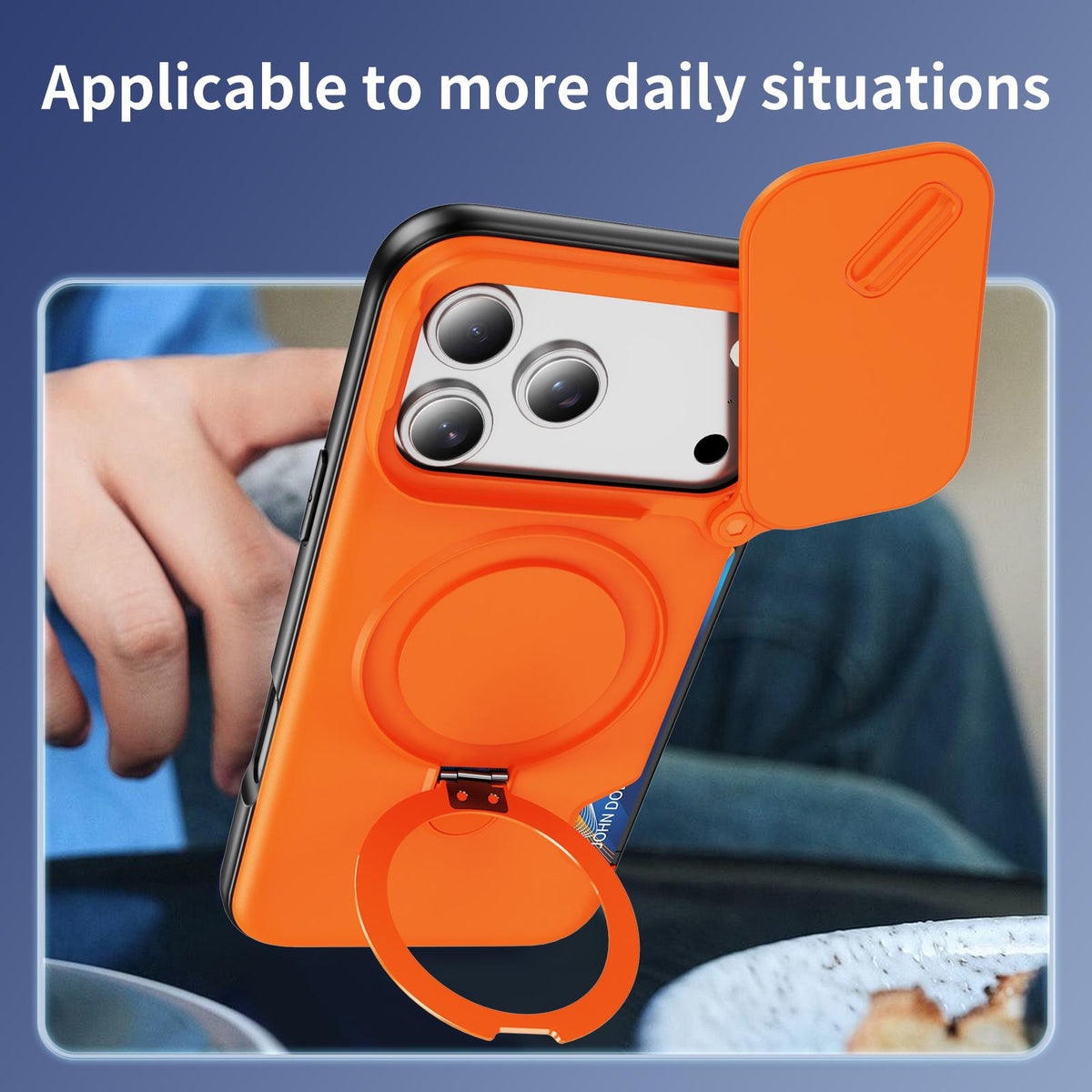 Compatible with iPhone 18 Pro Max Sliding Camshield Card Slot Magnetic Rotation Holder Phone Case - Orange