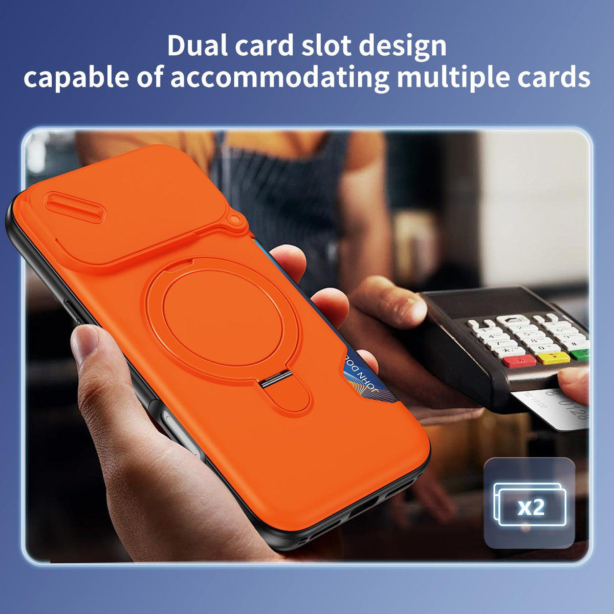 Compatible with iPhone 18 Pro Max Sliding Camshield Card Slot Magnetic Rotation Holder Phone Case - Orange