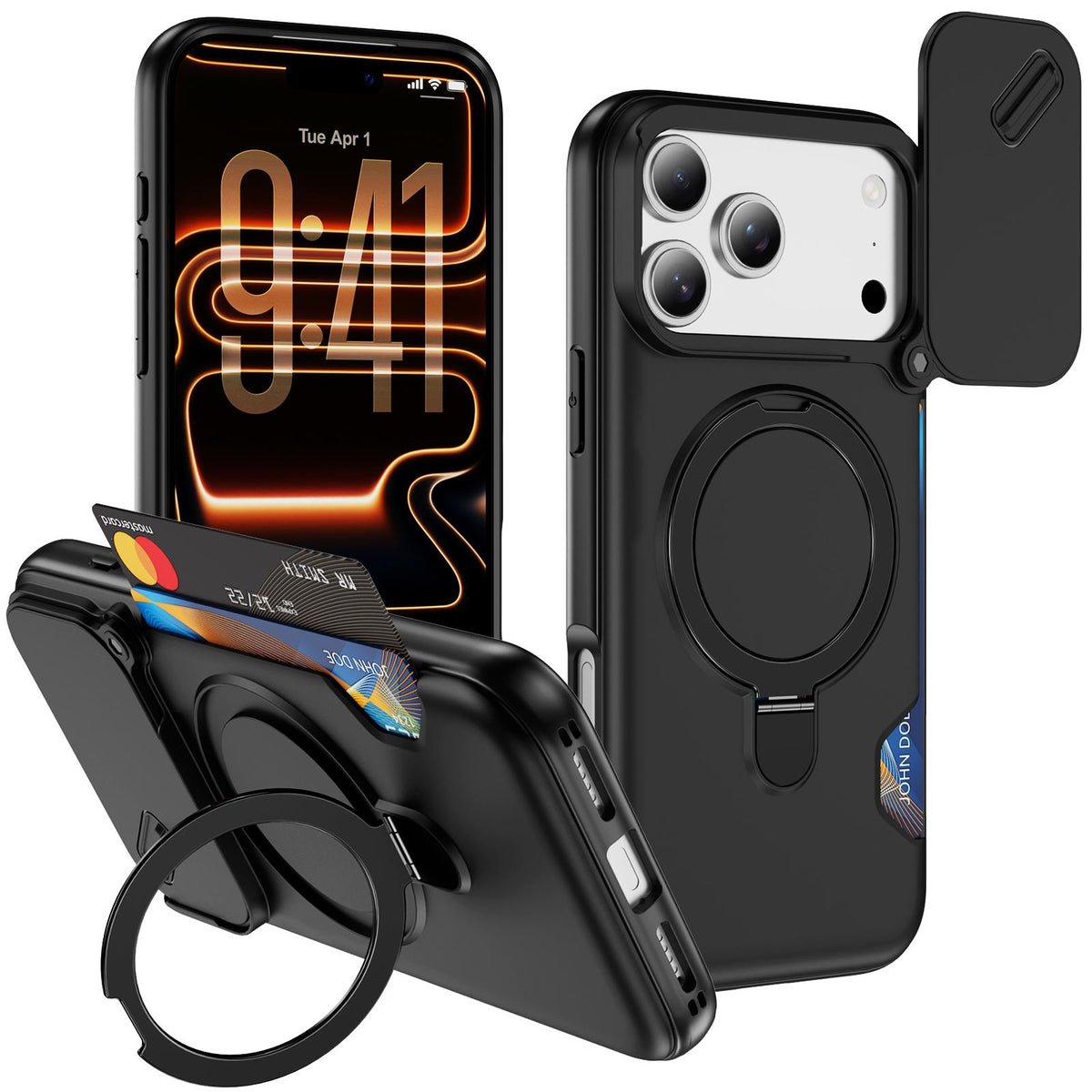 Compatible with iPhone 18 Pro Max Sliding Camshield Card Slot Magnetic Rotation Holder Phone Case - Black