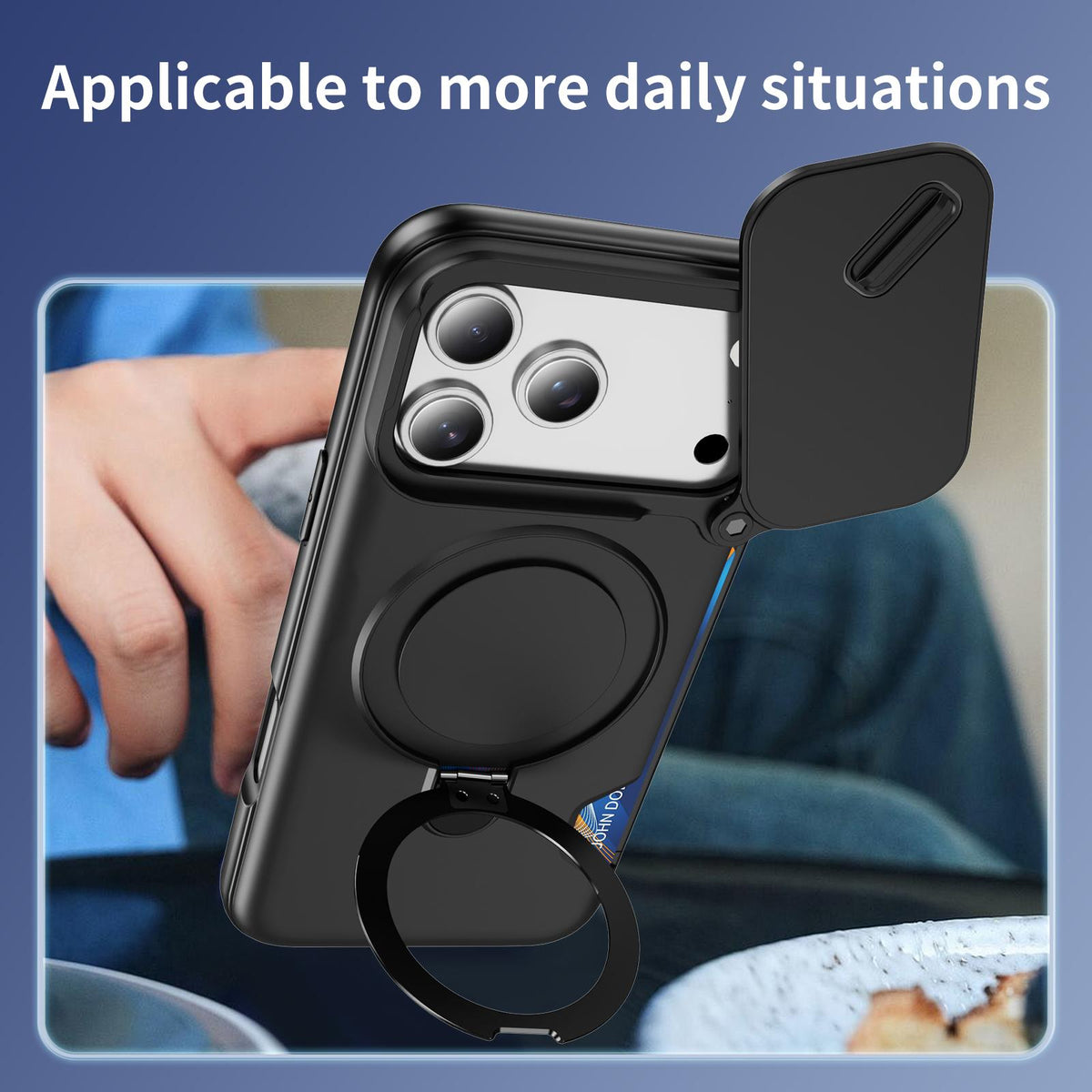 Compatible with iPhone 18 Pro Max Sliding Camshield Card Slot Magnetic Rotation Holder Phone Case - Black