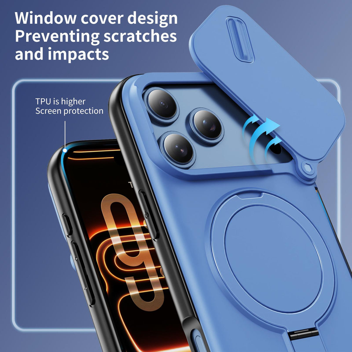 Compatible with iPhone 18 Pro Max Sliding Camshield Card Slot Magnetic Rotation Holder Phone Case - Light Blue