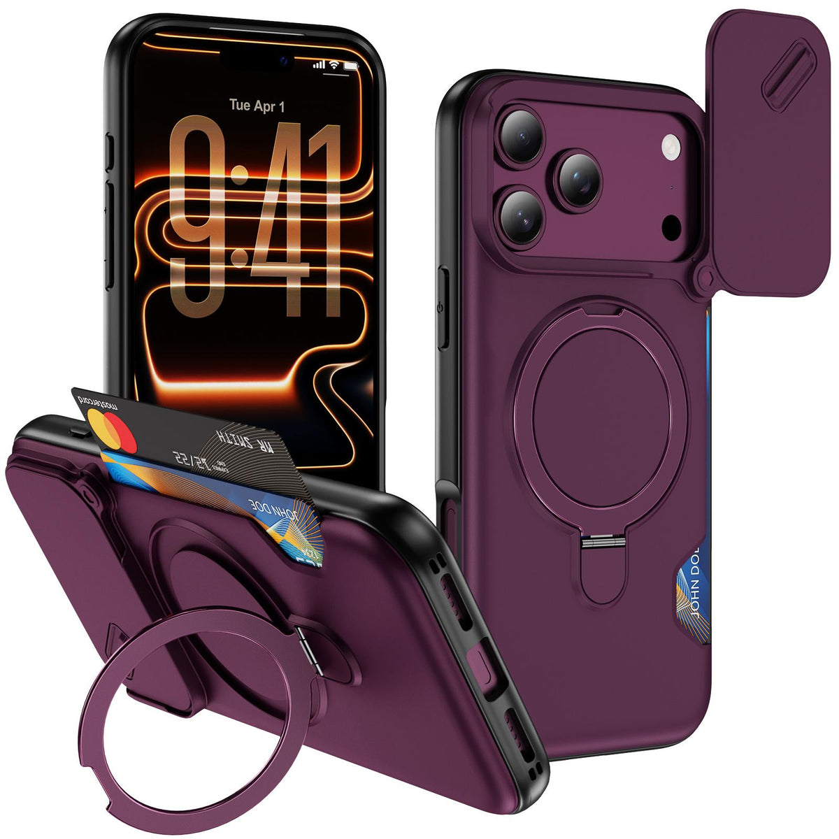 Compatible with iPhone 18 Pro Max Sliding Camshield Card Slot Magnetic Rotation Holder Phone Case - Dark Cherry