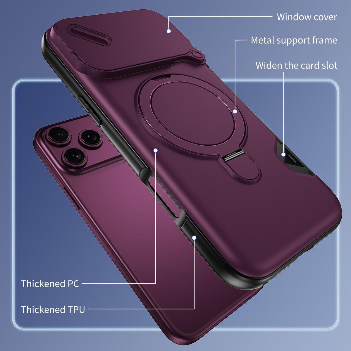 Compatible with iPhone 18 Pro Max Sliding Camshield Card Slot Magnetic Rotation Holder Phone Case - Dark Cherry