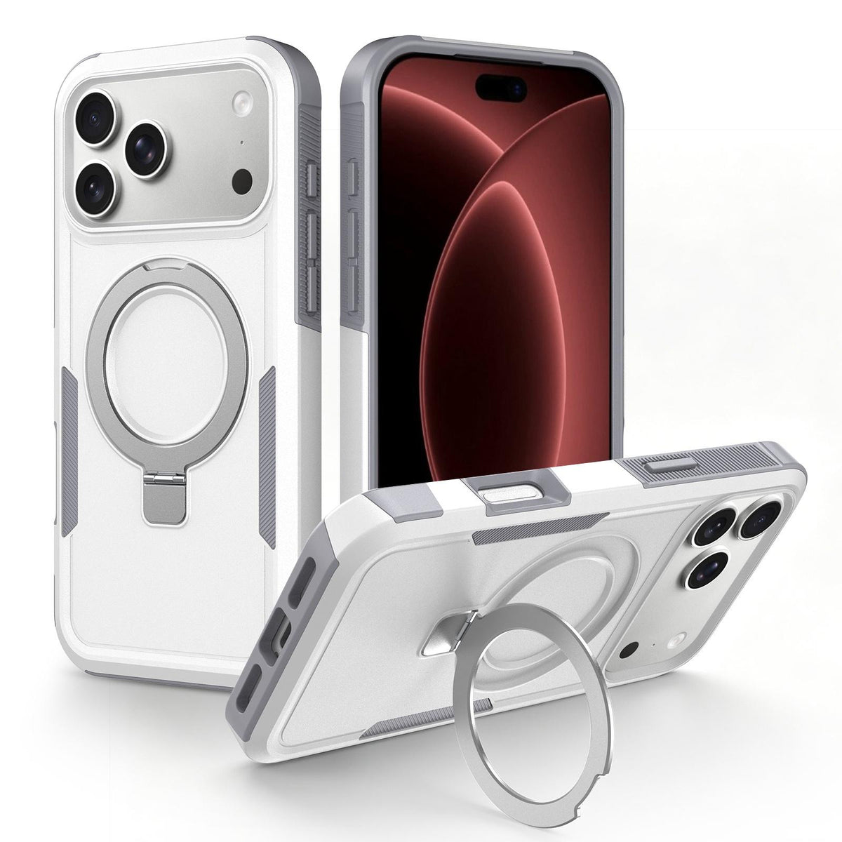 Compatible with iPhone 18 Pro Shockproof Protective TPU Dual-Layer PC Ring Holder Magnetic Phone Case - White