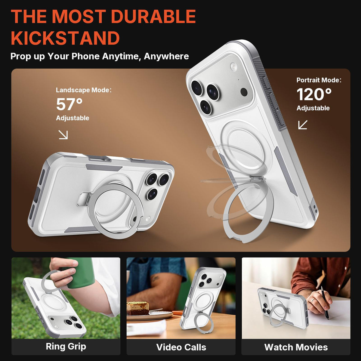 Compatible with iPhone 18 Pro Shockproof Protective TPU Dual-Layer PC Ring Holder Magnetic Phone Case - White