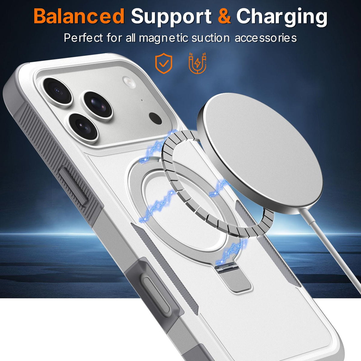 Compatible with iPhone 18 Pro Shockproof Protective TPU Dual-Layer PC Ring Holder Magnetic Phone Case - White