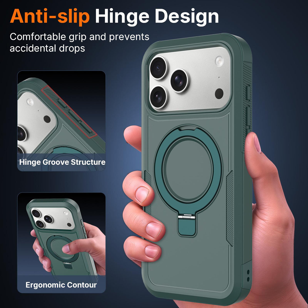 Compatible with iPhone 18 Pro Shockproof Protective TPU Dual-Layer PC Ring Holder Magnetic Phone Case - Green
