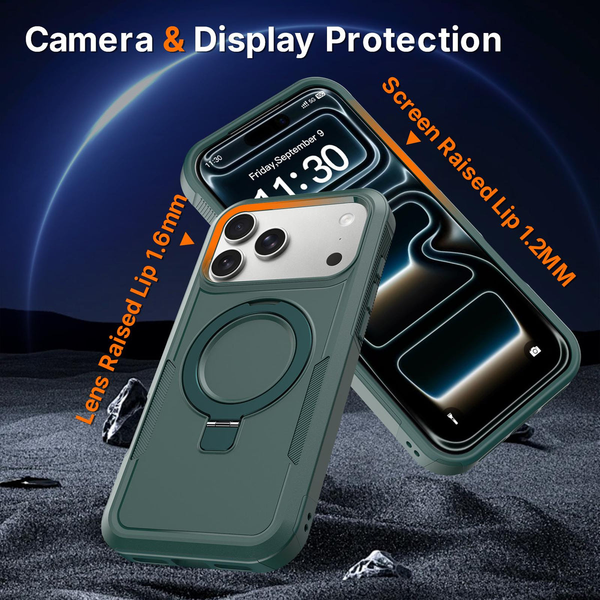 Compatible with iPhone 18 Pro Shockproof Protective TPU Dual-Layer PC Ring Holder Magnetic Phone Case - Green