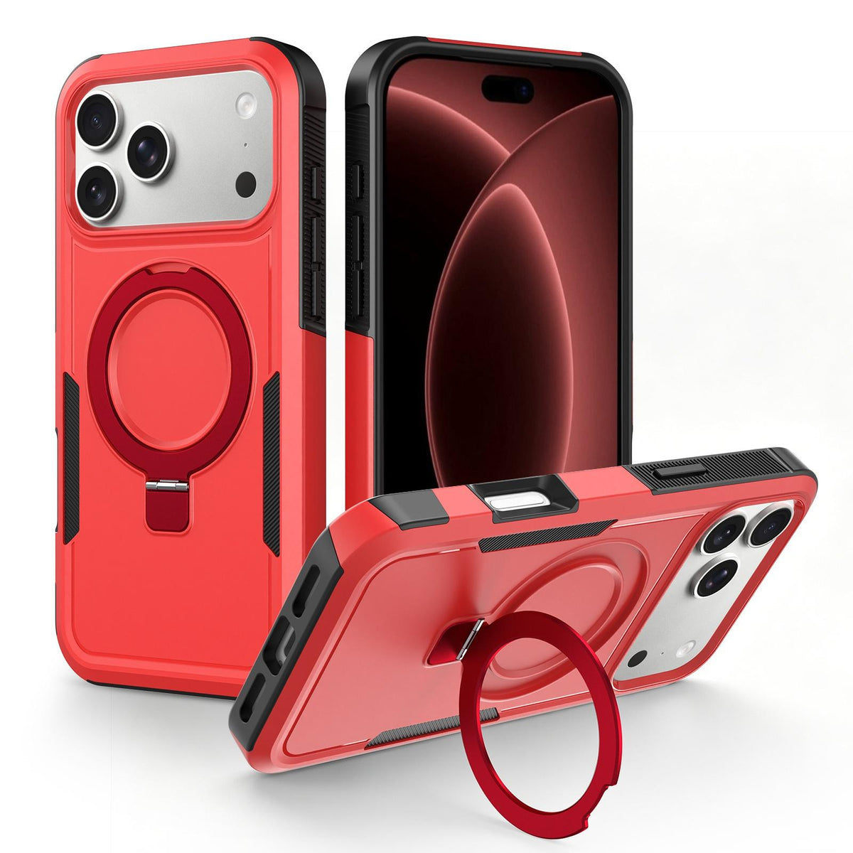 Compatible with iPhone 18 Pro Shockproof Protective TPU Dual-Layer PC Ring Holder Magnetic Phone Case - Red