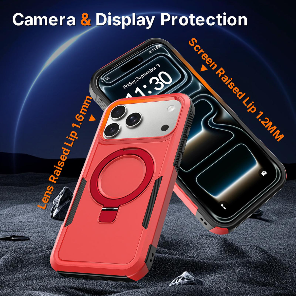 Compatible with iPhone 18 Pro Shockproof Protective TPU Dual-Layer PC Ring Holder Magnetic Phone Case - Red