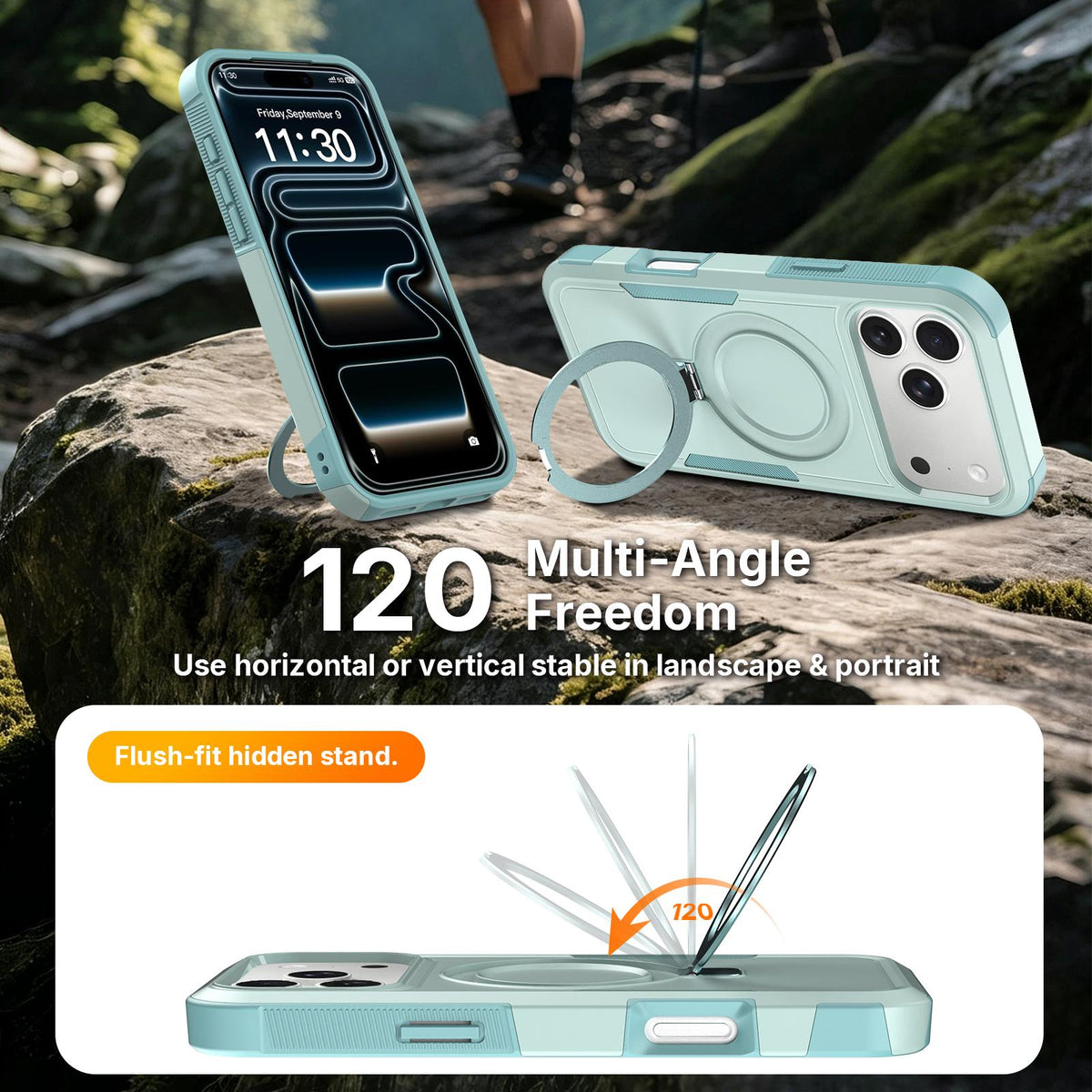 Compatible with iPhone 18 Pro Shockproof Protective TPU Dual-Layer PC Ring Holder Magnetic Phone Case - Cyan