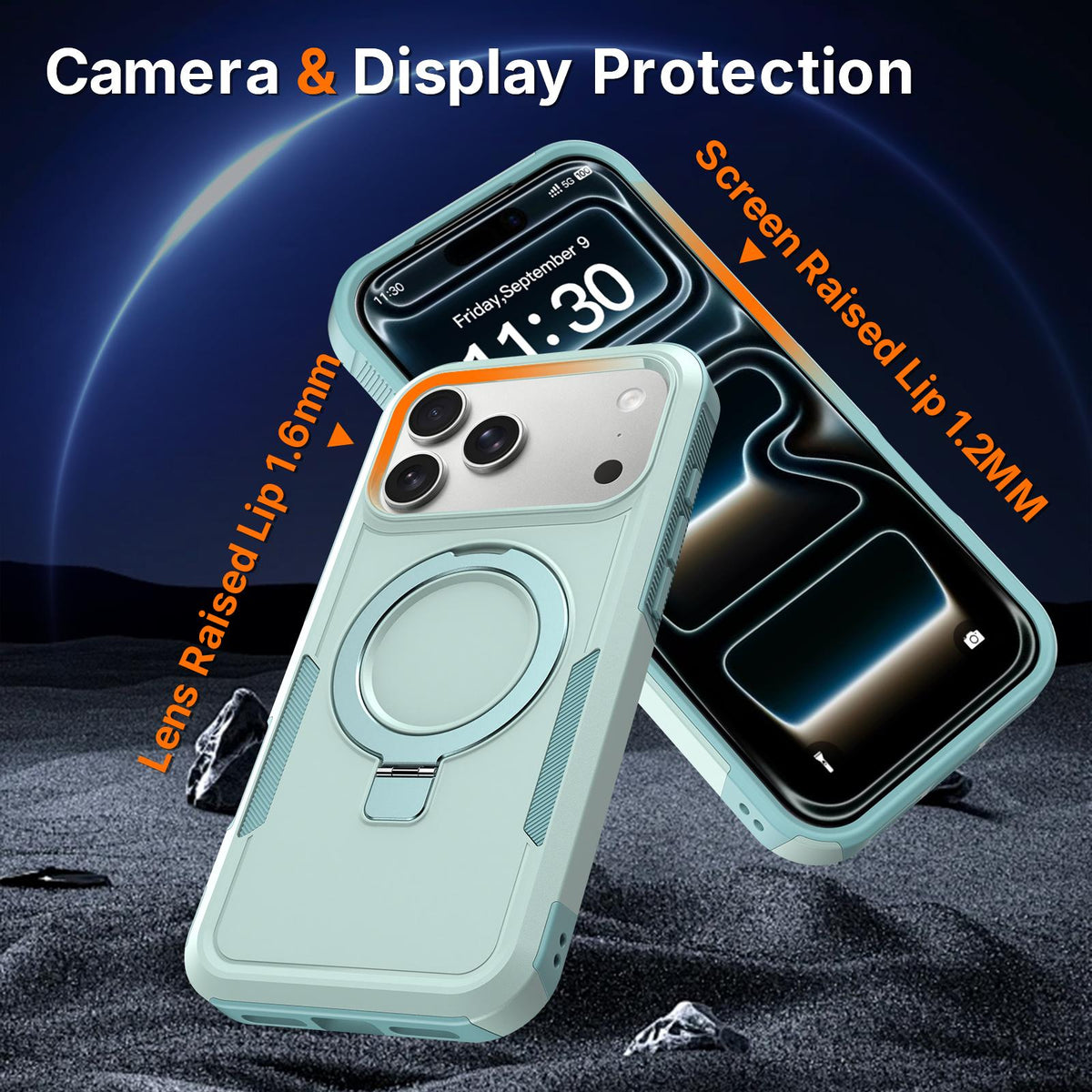 Compatible with iPhone 18 Pro Shockproof Protective TPU Dual-Layer PC Ring Holder Magnetic Phone Case - Cyan
