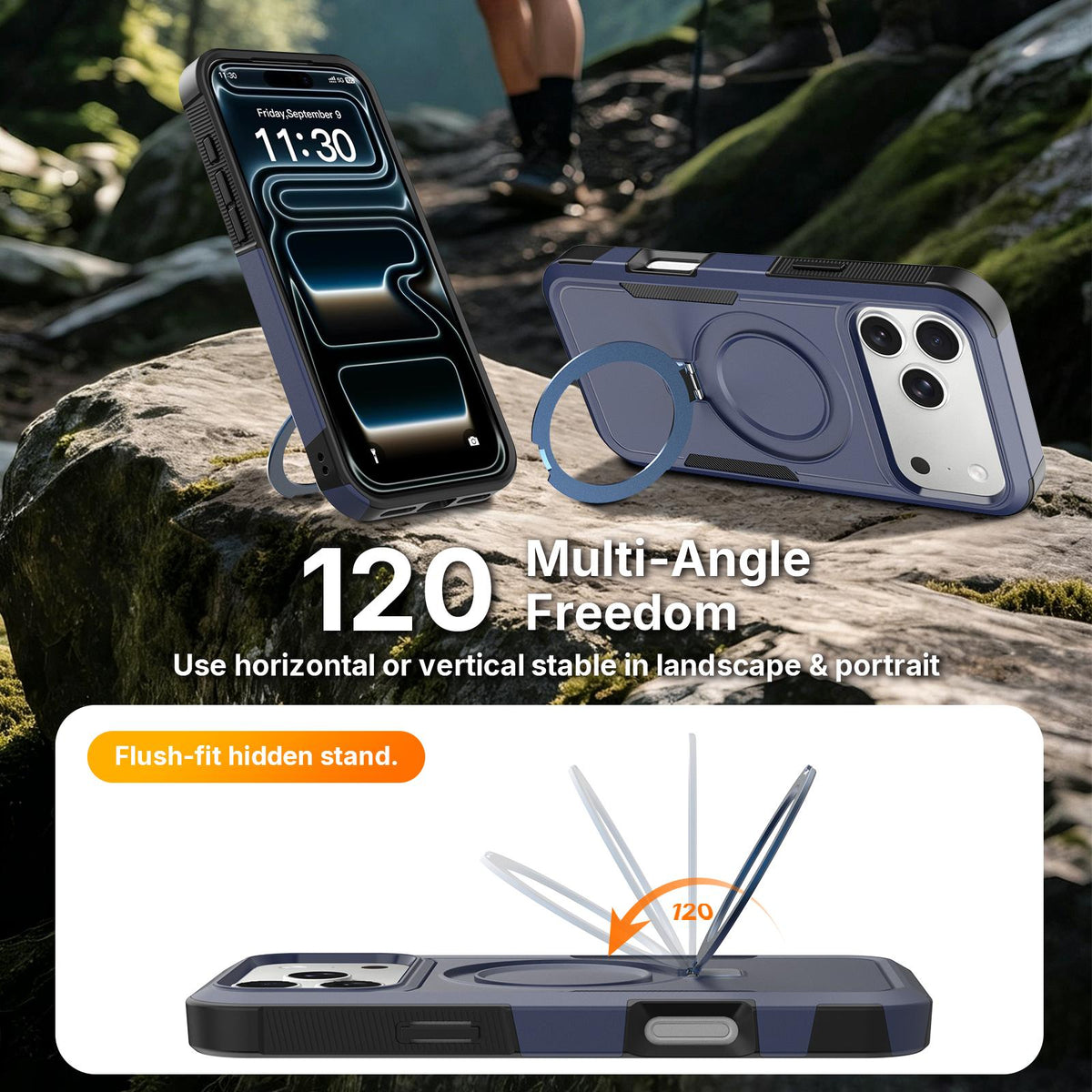 Compatible with iPhone 18 Pro Shockproof Protective TPU Dual-Layer PC Ring Holder Magnetic Phone Case - Blue