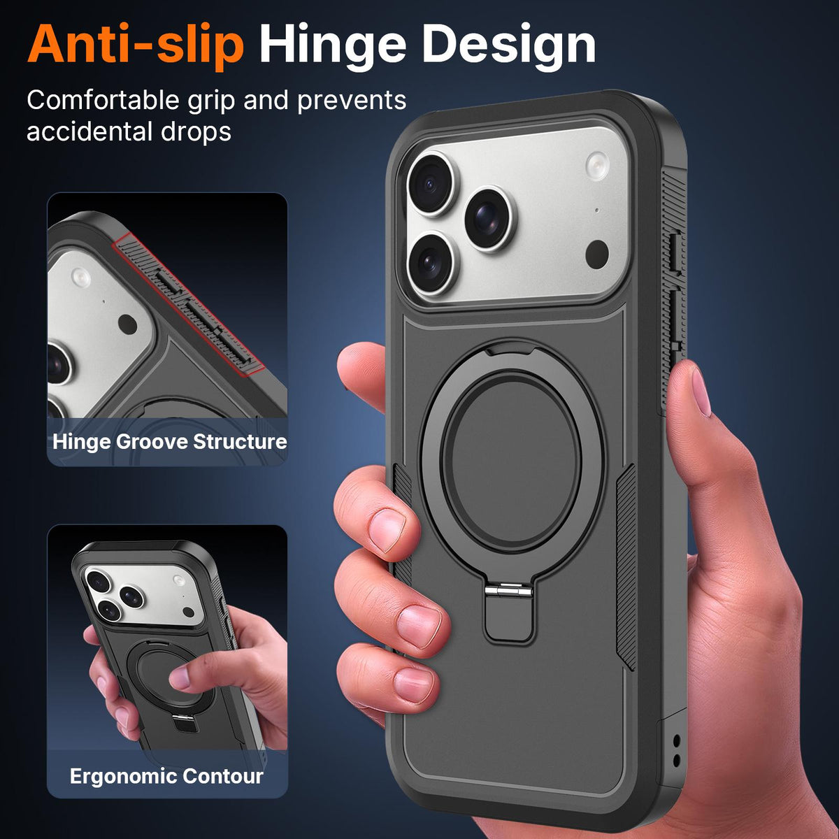 Compatible with iPhone 18 Pro Shockproof Protective TPU Dual-Layer PC Ring Holder Magnetic Phone Case - Black
