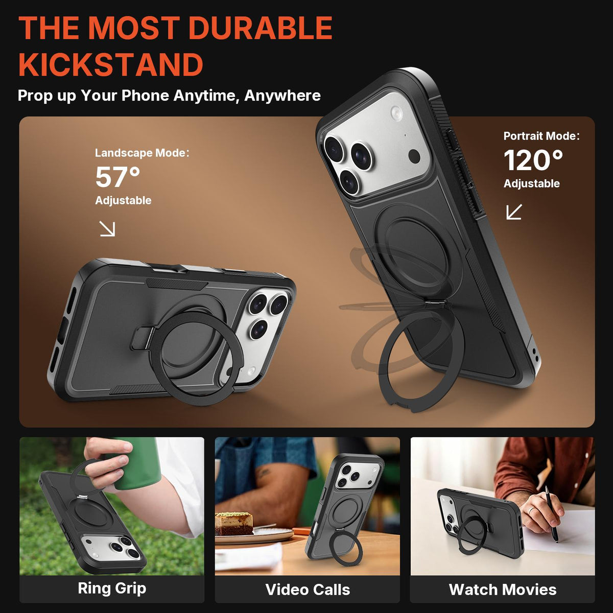 Compatible with iPhone 18 Pro Shockproof Protective TPU Dual-Layer PC Ring Holder Magnetic Phone Case - Black