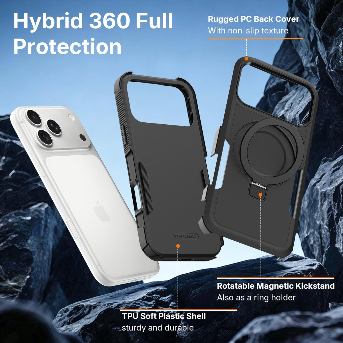 Compatible with iPhone 18 Pro Shockproof Protective TPU Dual-Layer PC Ring Holder Magnetic Phone Case - Black