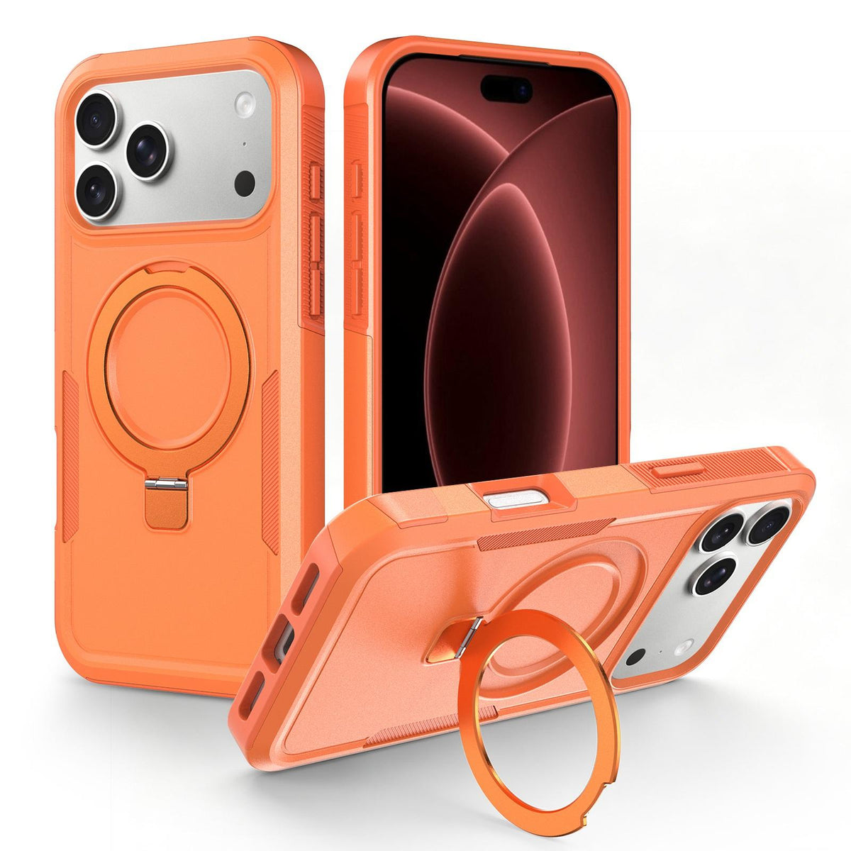 Compatible with iPhone 18 Pro Shockproof Protective TPU Dual-Layer PC Ring Holder Magnetic Phone Case - Orange