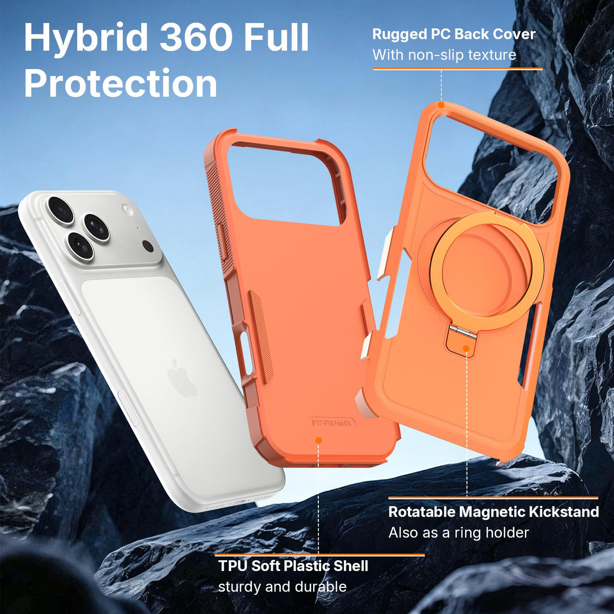 Compatible with iPhone 18 Pro Shockproof Protective TPU Dual-Layer PC Ring Holder Magnetic Phone Case - Orange