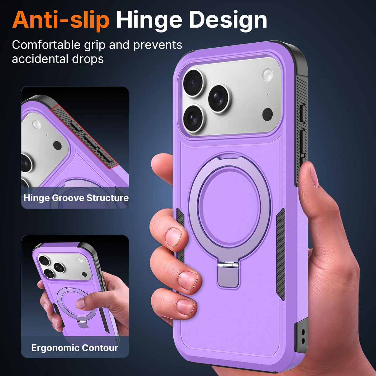 Compatible with iPhone 18 Pro Max Shockproof Protective TPU Dual-Layer PC Ring Holder Magnetic Phone Case - Purple