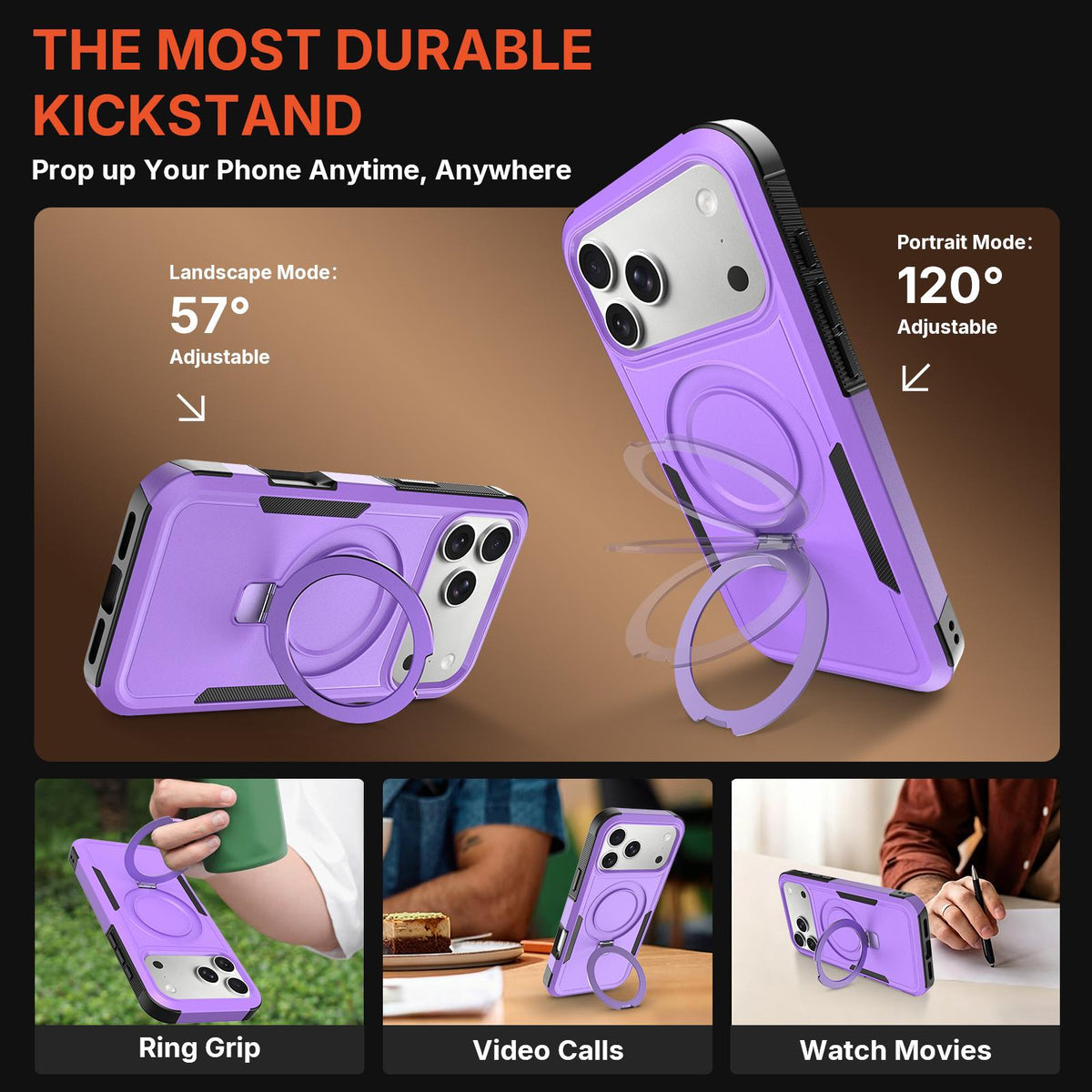 Compatible with iPhone 18 Pro Max Shockproof Protective TPU Dual-Layer PC Ring Holder Magnetic Phone Case - Purple