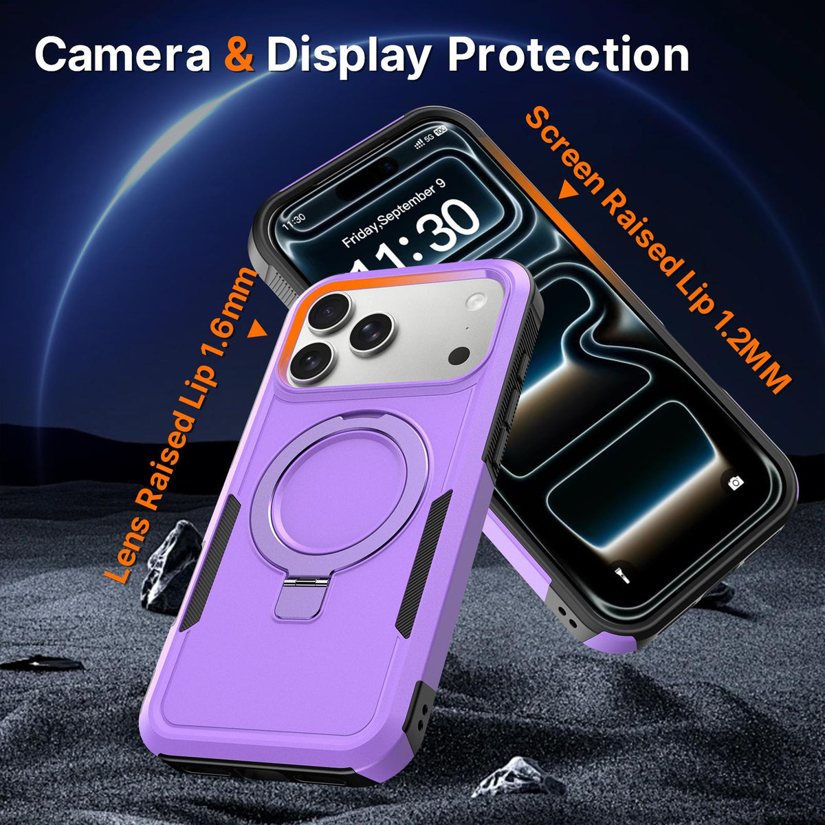 Compatible with iPhone 18 Pro Max Shockproof Protective TPU Dual-Layer PC Ring Holder Magnetic Phone Case - Purple