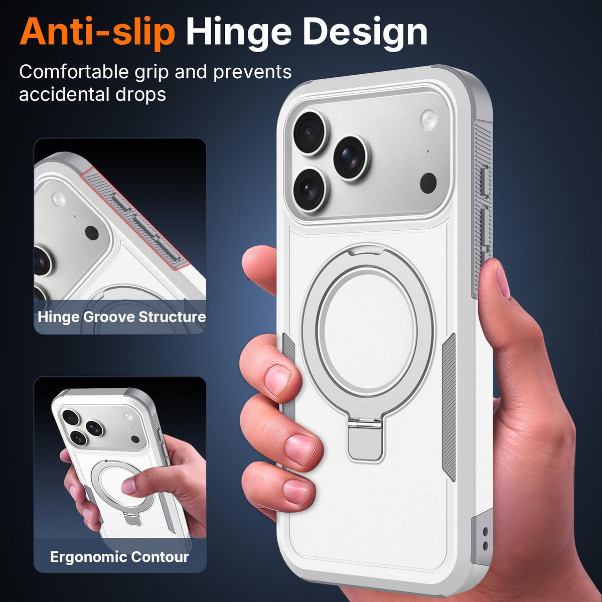 Compatible with iPhone 18 Pro Max Shockproof Protective TPU Dual-Layer PC Ring Holder Magnetic Phone Case - White