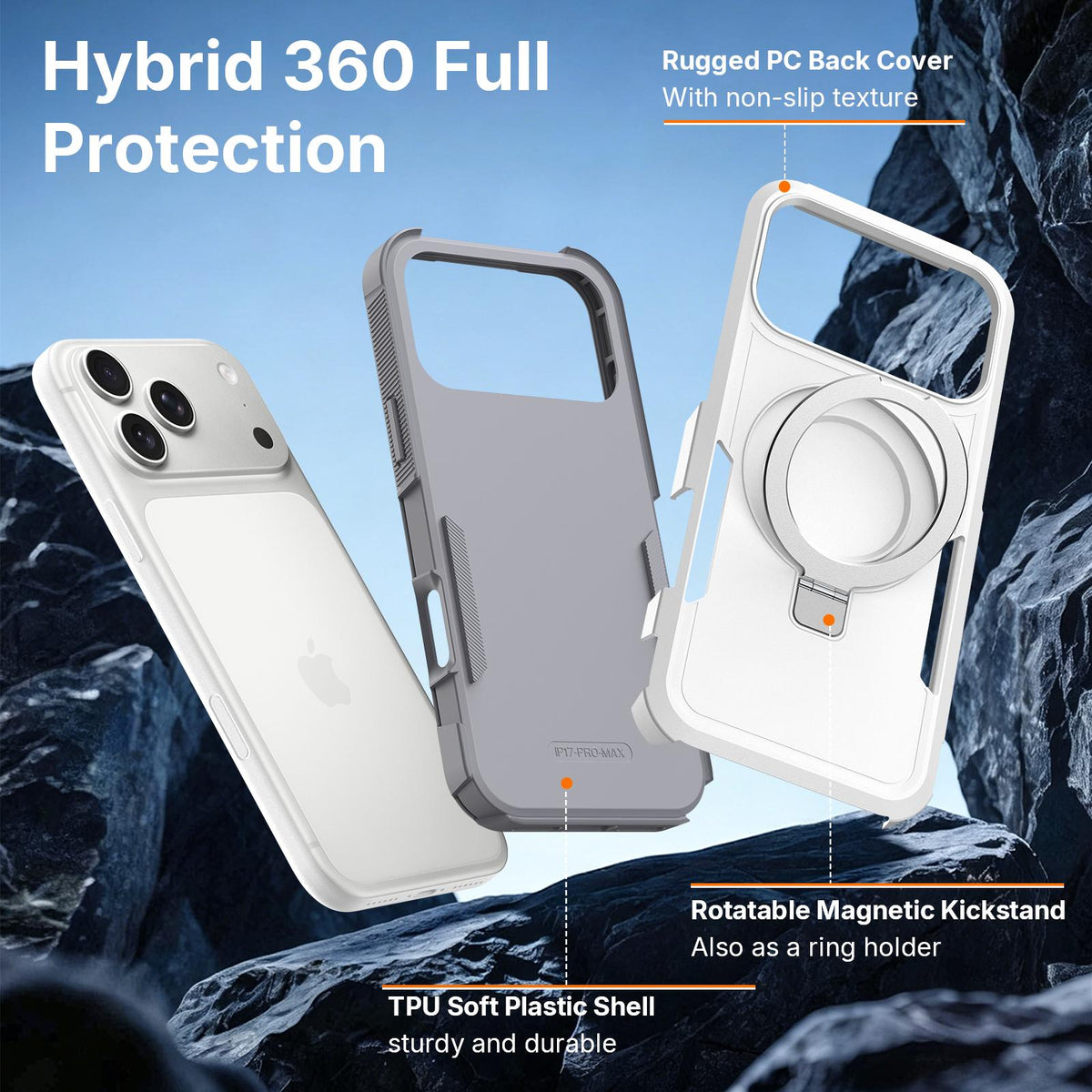 Compatible with iPhone 18 Pro Max Shockproof Protective TPU Dual-Layer PC Ring Holder Magnetic Phone Case - White