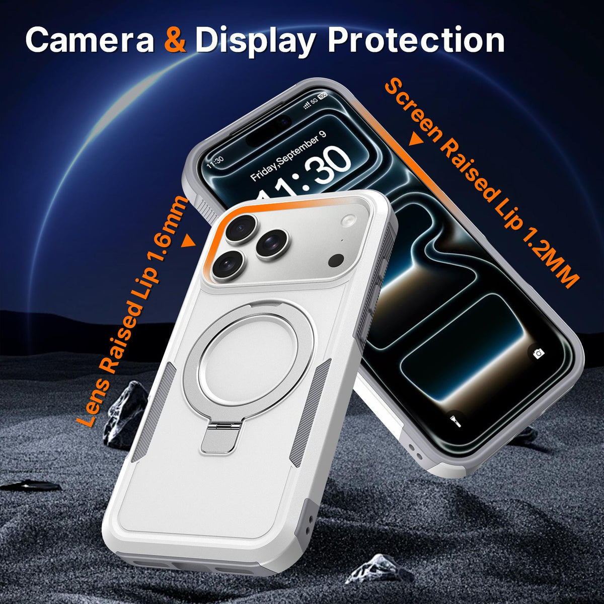 Compatible with iPhone 18 Pro Max Shockproof Protective TPU Dual-Layer PC Ring Holder Magnetic Phone Case - White
