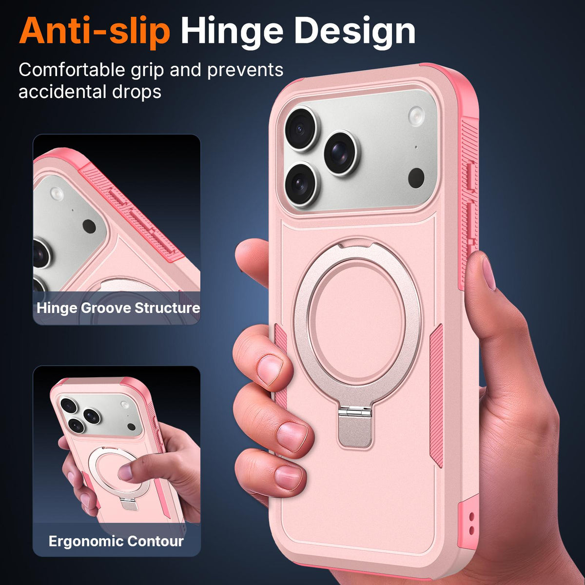 Compatible with iPhone 18 Pro Max Shockproof Protective TPU Dual-Layer PC Ring Holder Magnetic Phone Case - Pink