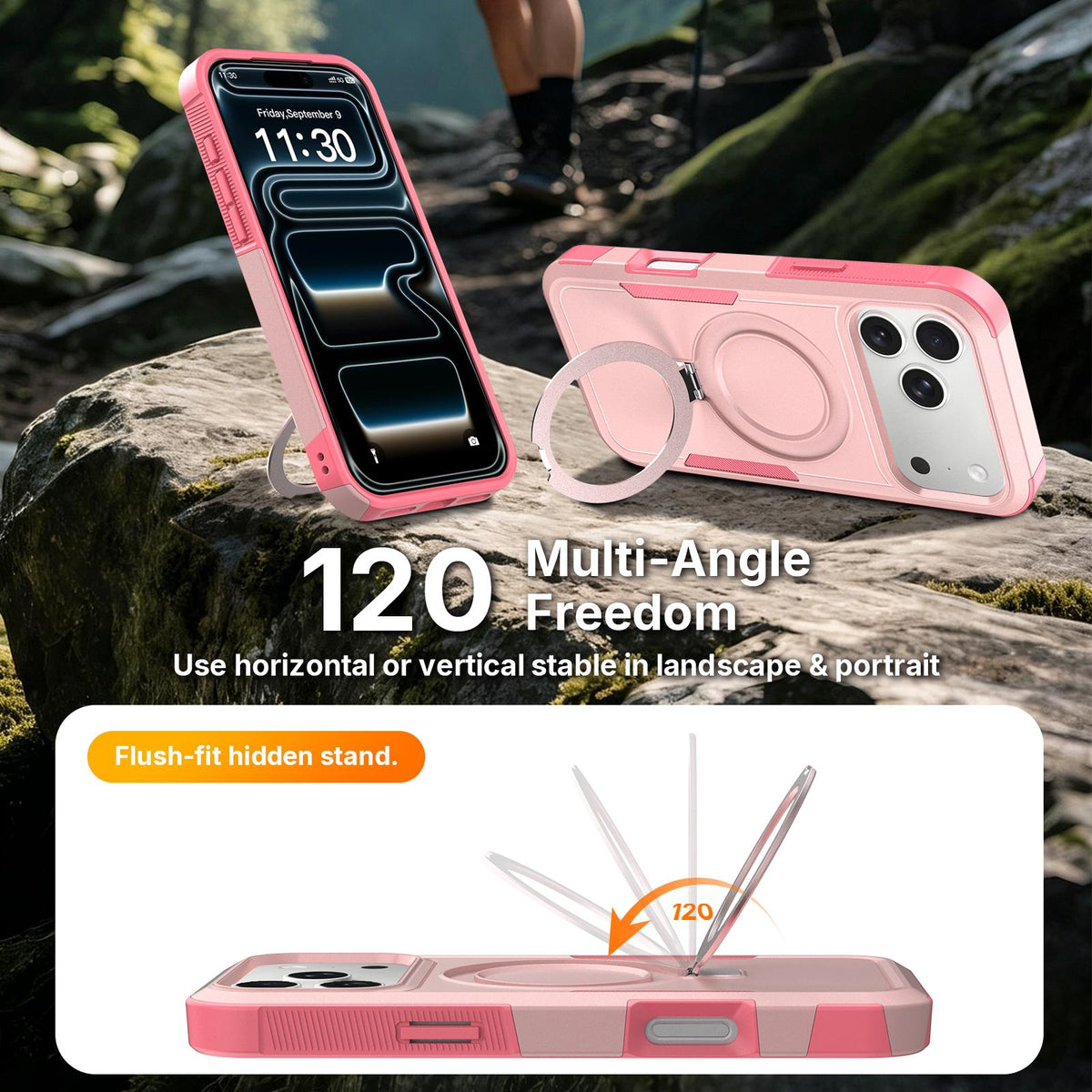 Compatible with iPhone 18 Pro Max Shockproof Protective TPU Dual-Layer PC Ring Holder Magnetic Phone Case - Pink