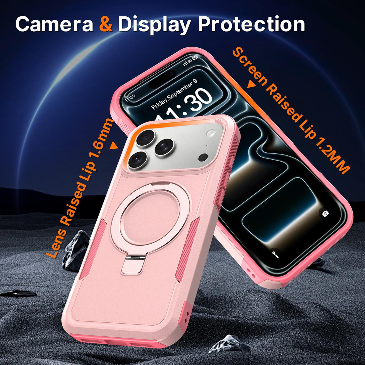 Compatible with iPhone 18 Pro Max Shockproof Protective TPU Dual-Layer PC Ring Holder Magnetic Phone Case - Pink