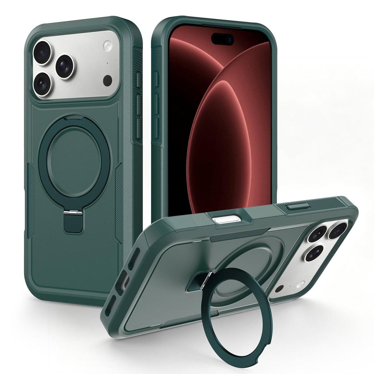 Compatible with iPhone 18 Pro Max Shockproof Protective TPU Dual-Layer PC Ring Holder Magnetic Phone Case - Green