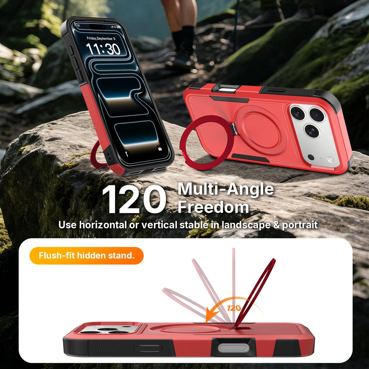 Compatible with iPhone 18 Pro Max Shockproof Protective TPU Dual-Layer PC Ring Holder Magnetic Phone Case - Red