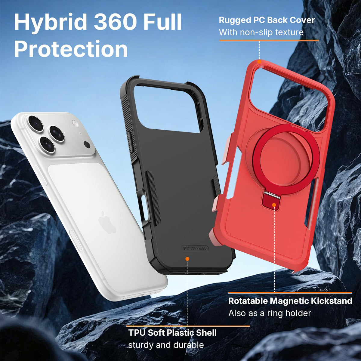 Compatible with iPhone 18 Pro Max Shockproof Protective TPU Dual-Layer PC Ring Holder Magnetic Phone Case - Red