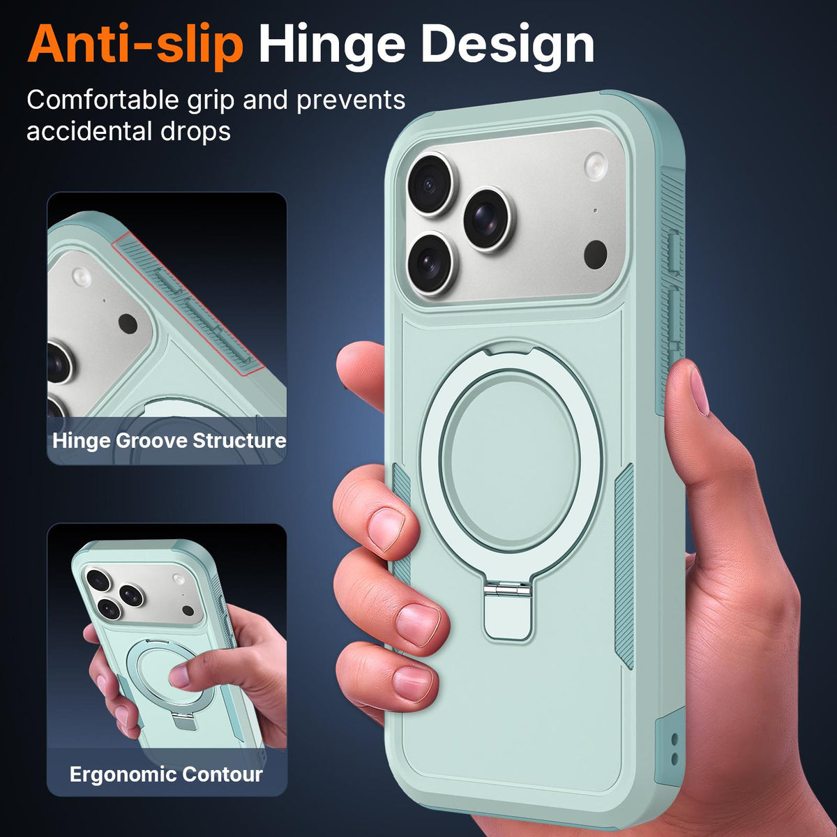 Compatible with iPhone 18 Pro Max Shockproof Protective TPU Dual-Layer PC Ring Holder Magnetic Phone Case - Cyan