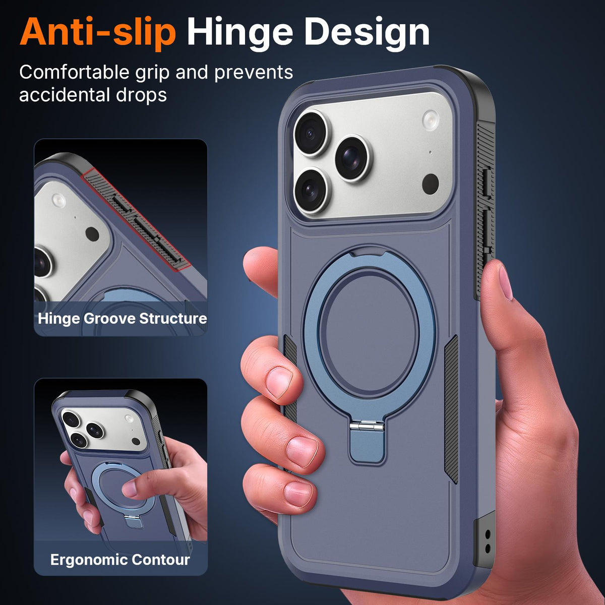 Compatible with iPhone 18 Pro Max Shockproof Protective TPU Dual-Layer PC Ring Holder Magnetic Phone Case - Blue