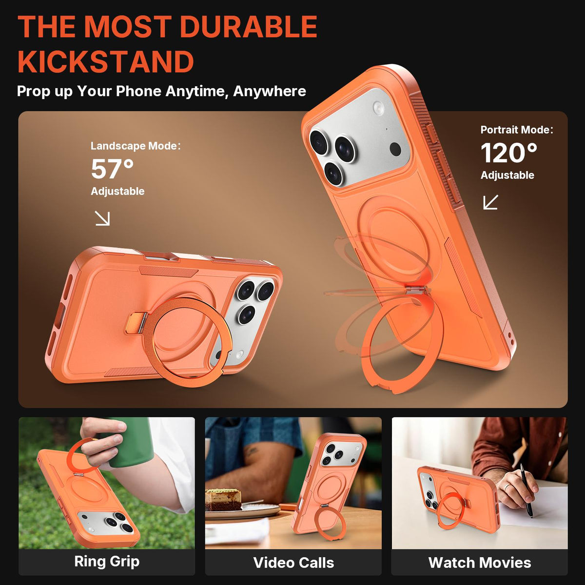 Compatible with iPhone 18 Pro Max Shockproof Protective TPU Dual-Layer PC Ring Holder Magnetic Phone Case - Orange