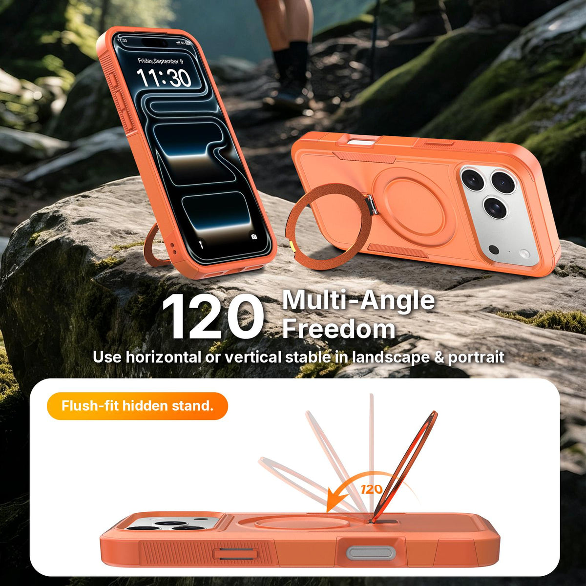 Compatible with iPhone 18 Pro Max Shockproof Protective TPU Dual-Layer PC Ring Holder Magnetic Phone Case - Orange