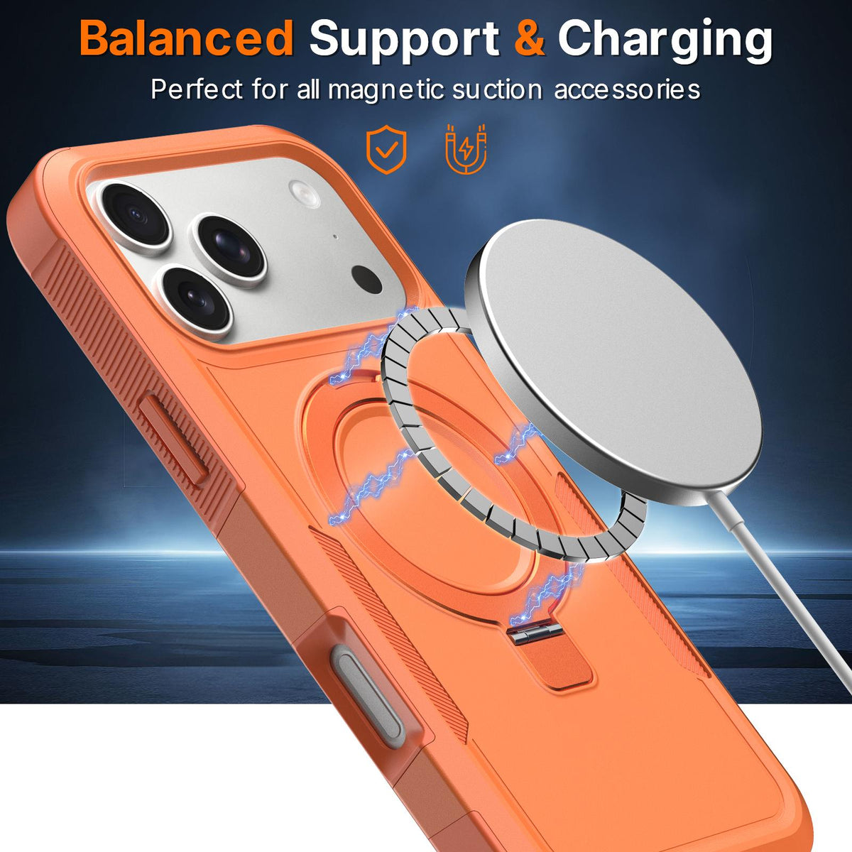 Compatible with iPhone 18 Pro Max Shockproof Protective TPU Dual-Layer PC Ring Holder Magnetic Phone Case - Orange