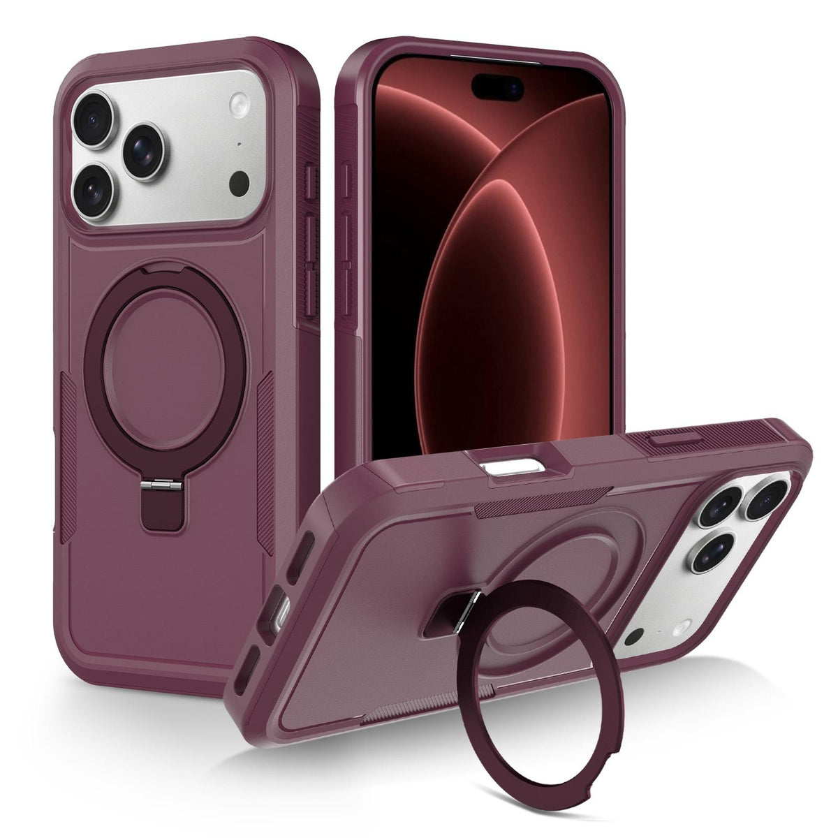 Compatible with iPhone 18 Pro Max Shockproof Protective TPU Dual-Layer PC Ring Holder Magnetic Phone Case - Wine Red