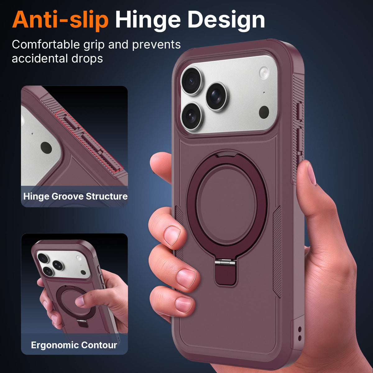 Compatible with iPhone 18 Pro Max Shockproof Protective TPU Dual-Layer PC Ring Holder Magnetic Phone Case - Wine Red