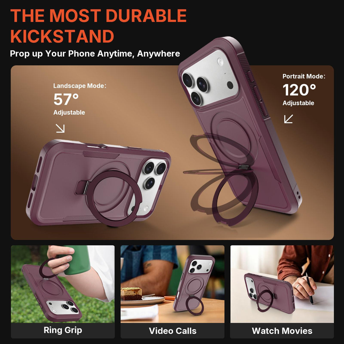 Compatible with iPhone 18 Pro Max Shockproof Protective TPU Dual-Layer PC Ring Holder Magnetic Phone Case - Wine Red