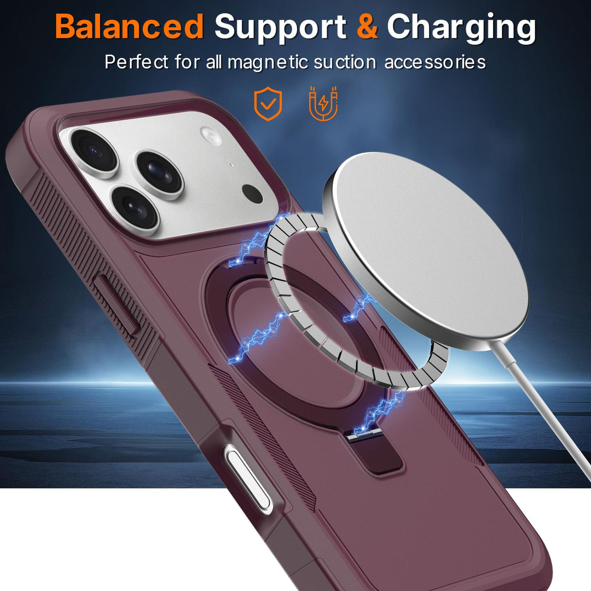Compatible with iPhone 18 Pro Max Shockproof Protective TPU Dual-Layer PC Ring Holder Magnetic Phone Case - Wine Red