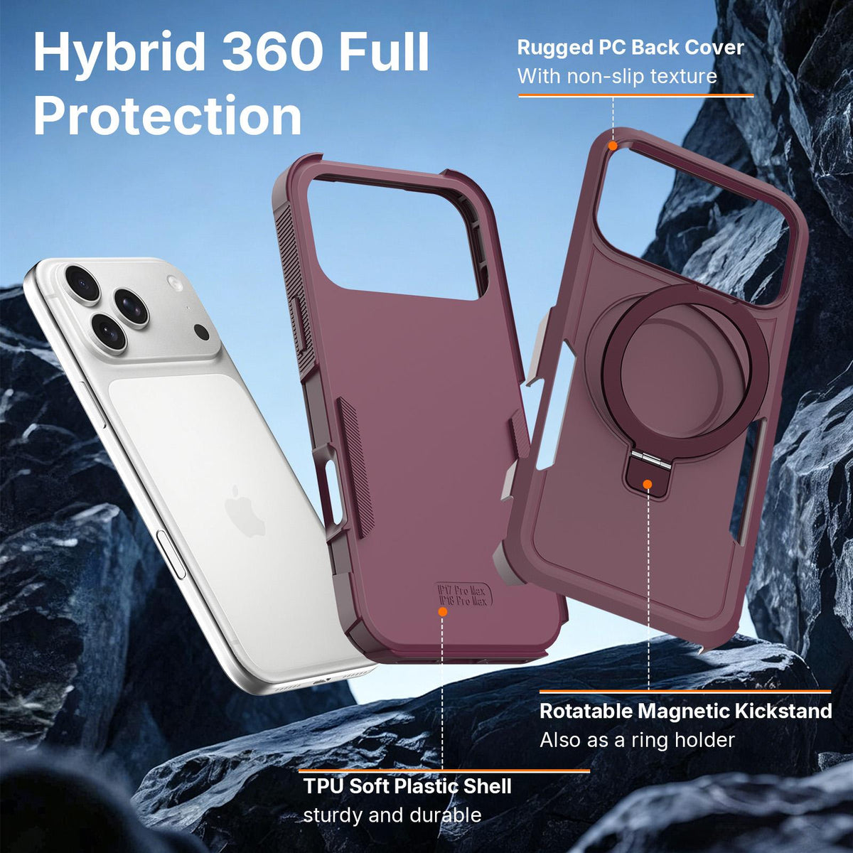 Compatible with iPhone 18 Pro Max Shockproof Protective TPU Dual-Layer PC Ring Holder Magnetic Phone Case - Wine Red