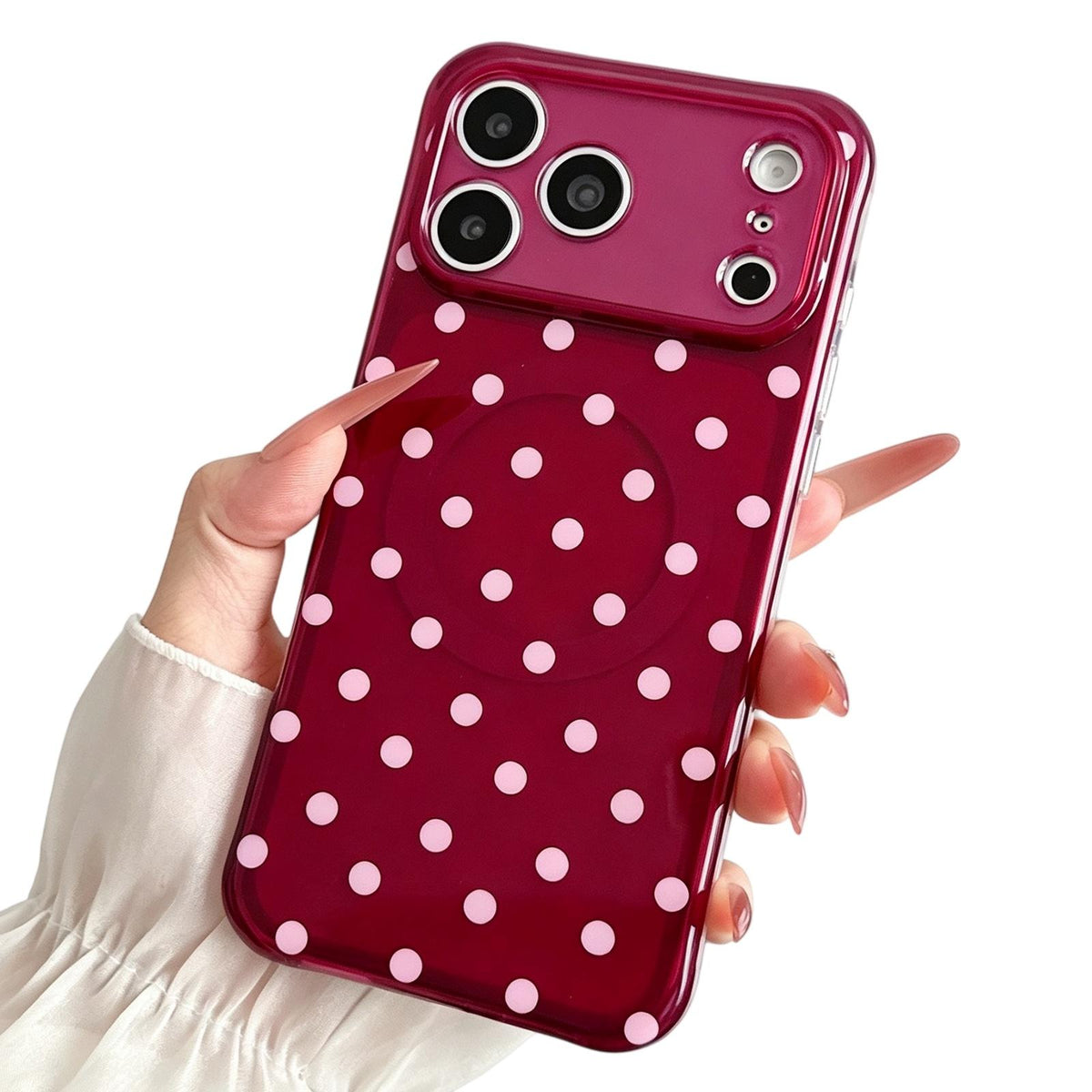 Compatible with iPhone 18 Pro Precise Cutout Translucent IMD Dots Pattern Magnetic Phone Case - Cherry Red