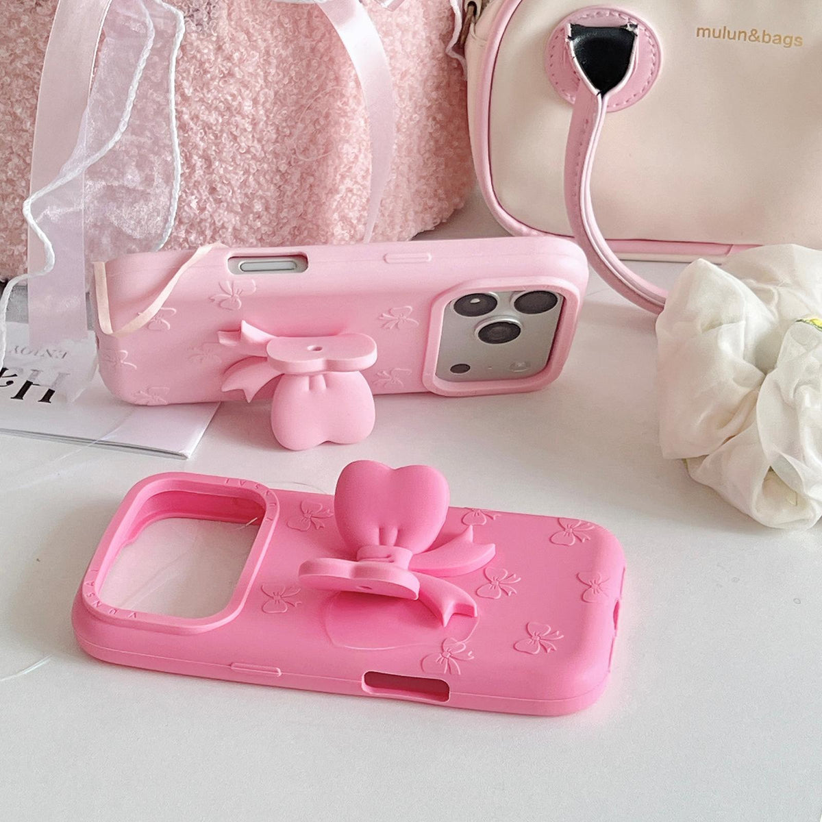 Compatible with iPhone 18 Pro Max Cute 3D Bow Silicone Phone Case - Pink