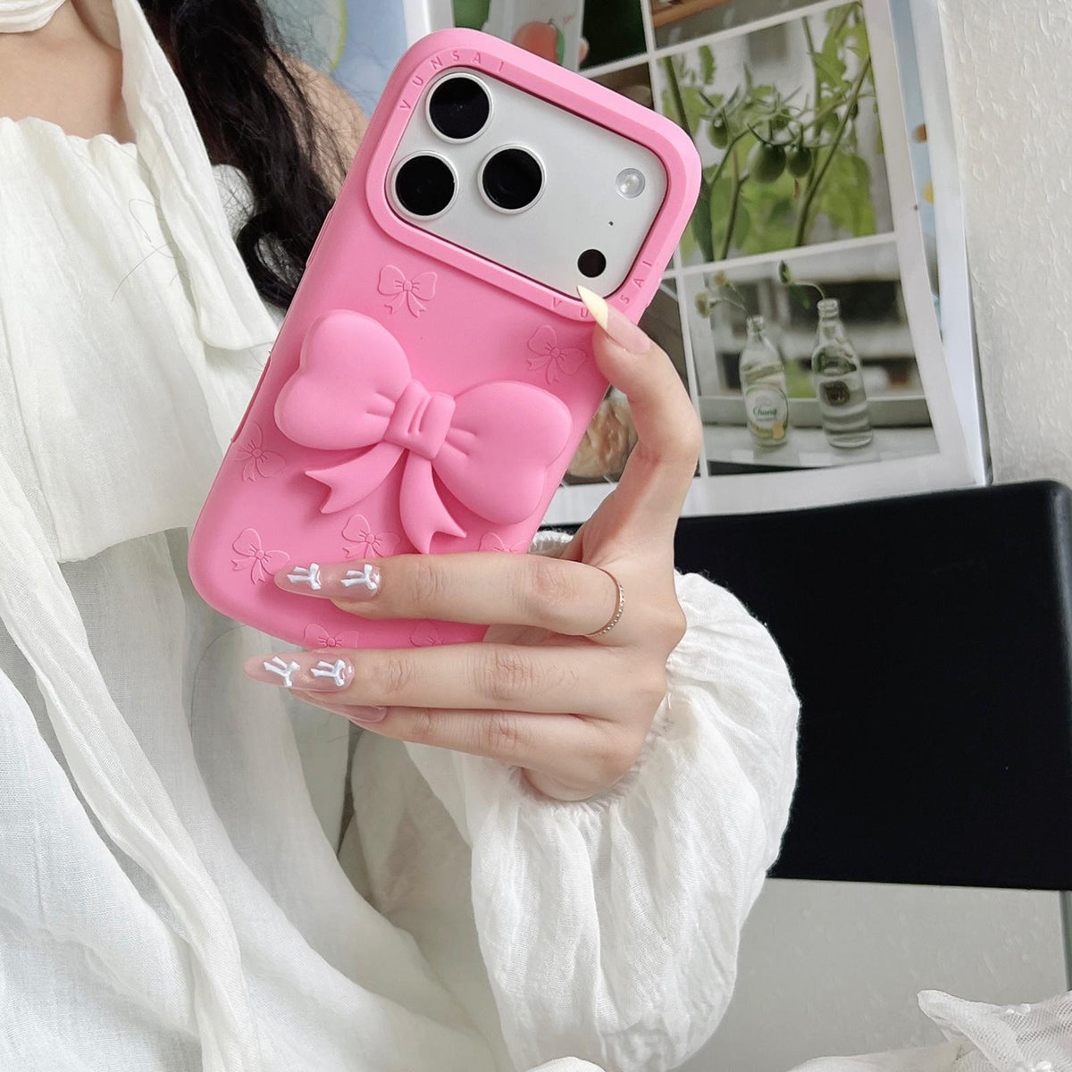 Compatible with iPhone 18 Pro Cute 3D Bow Silicone Phone Case - Rose Red