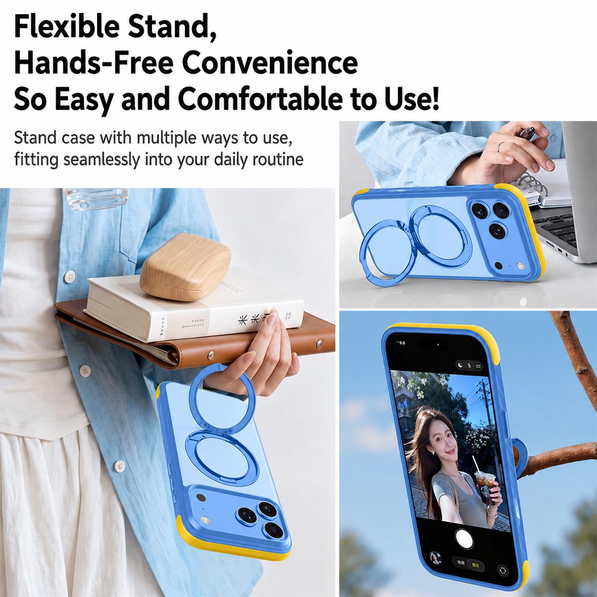 Compatible with iPhone 18 Pro Max Magnetic Shockproof Protective Phone Case with 360 Degree Rotating Holder - Blue