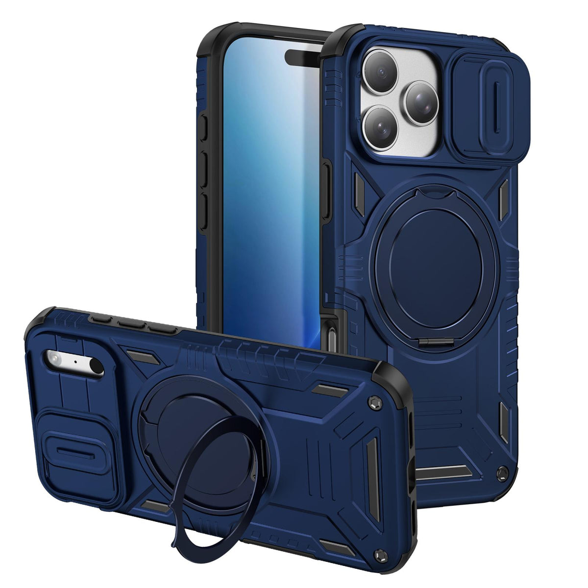 Compatible with iPhone 18 Pro Max Sliding Camshield Magnetic Rotation Holder Phone Case - Dark Blue